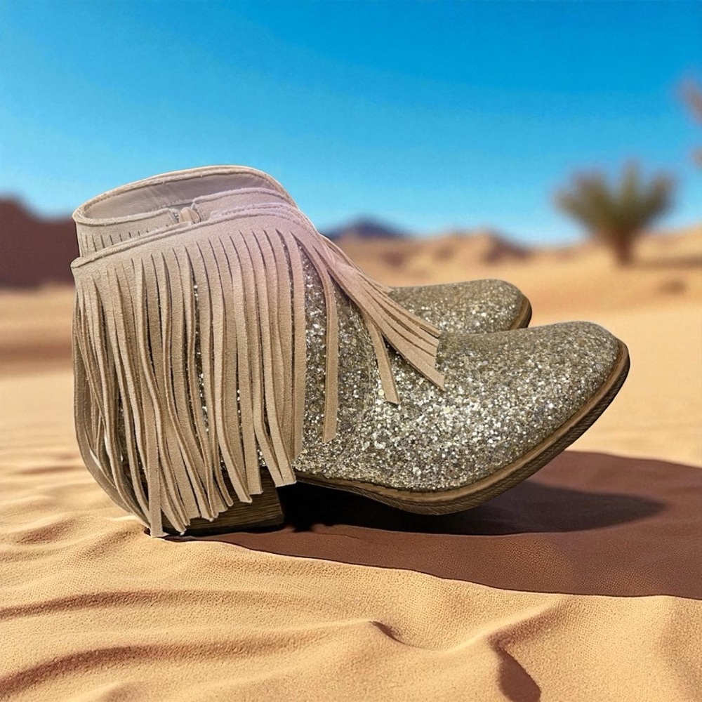 Gold and Cream Fringe Ankle Boots